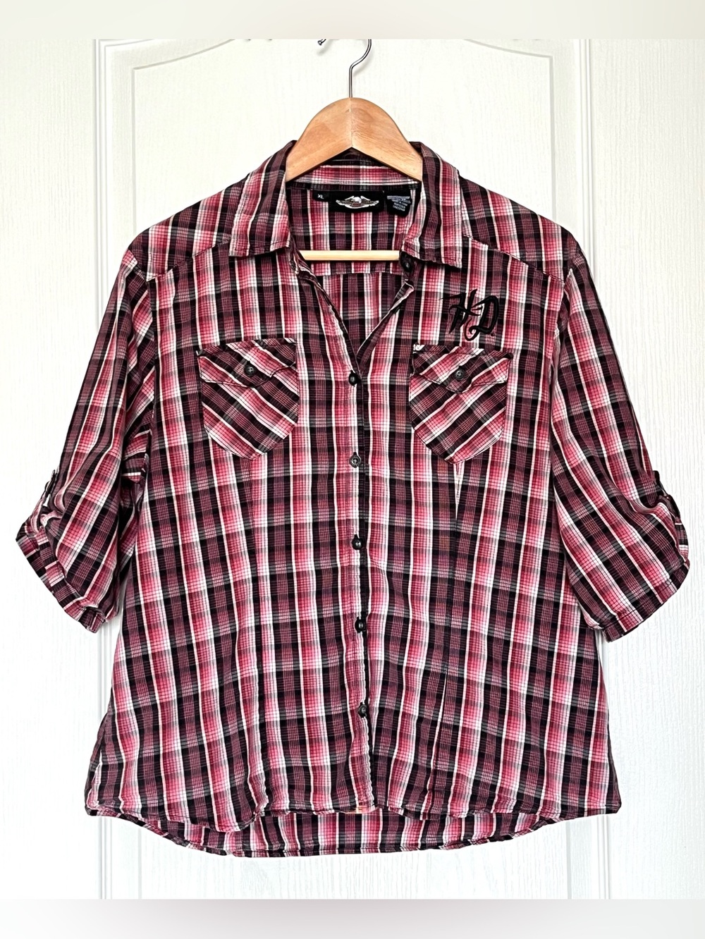 Harley-Davidson Embroidered Logo Pink Plaid Western Shirt XL Roll Tab Sleeves